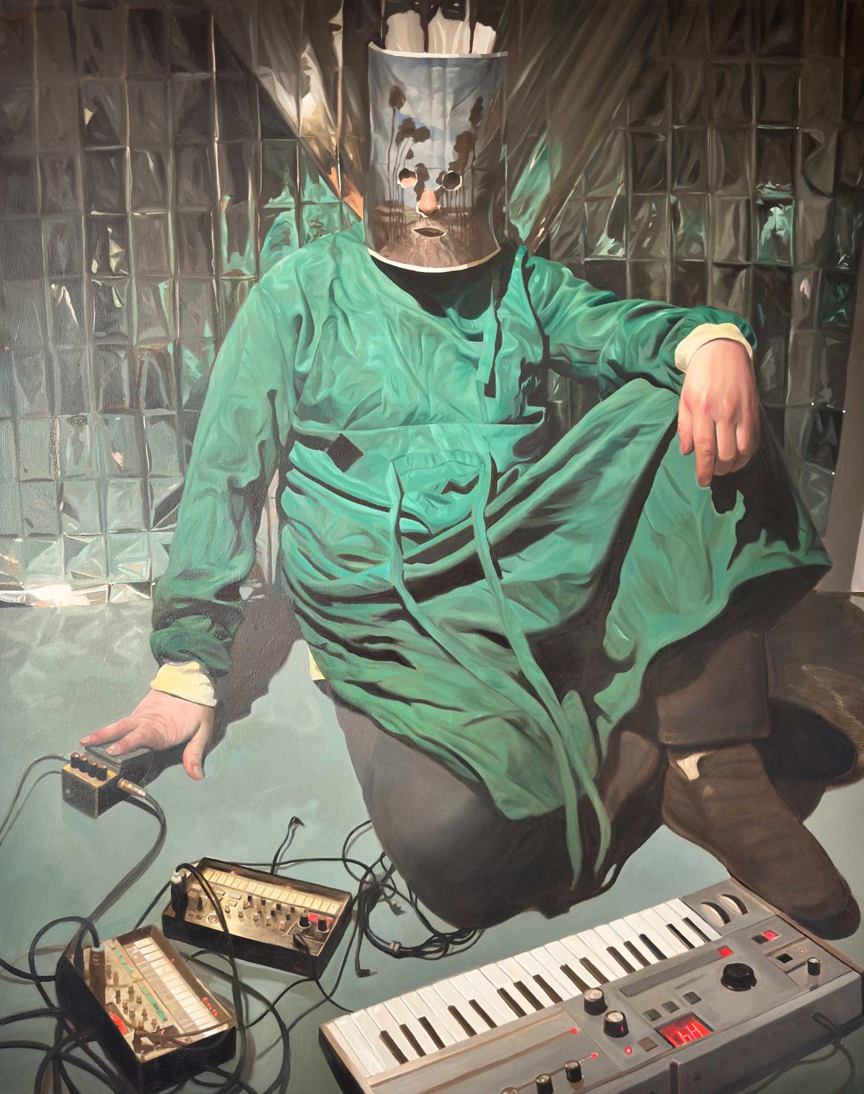 Into the Trees. Painting of a seated figure in a green gown with a small mirrored mask, beside a keyboard against a dark trellis.