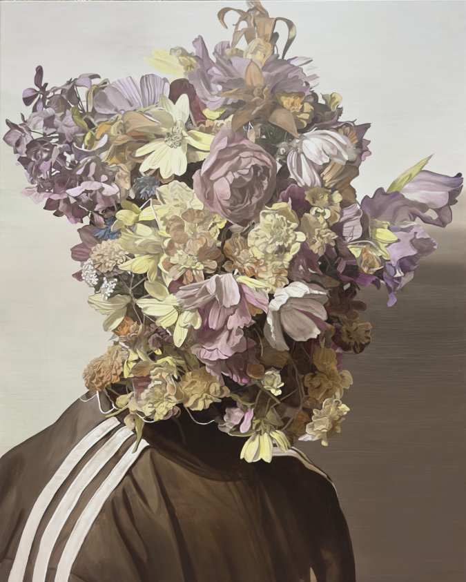 A Longing for the Longing. Painting of a head entirely covered in muted lilac, cream and yellow flowers above a dark track jacket.