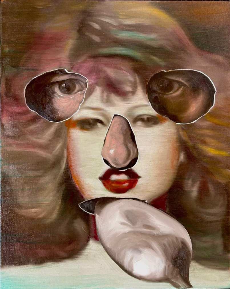 A Real Girl, 2026. Painting of a mask of a woman’s made-up face with cut-out eye and mouth holes, worn over long blonde hair.