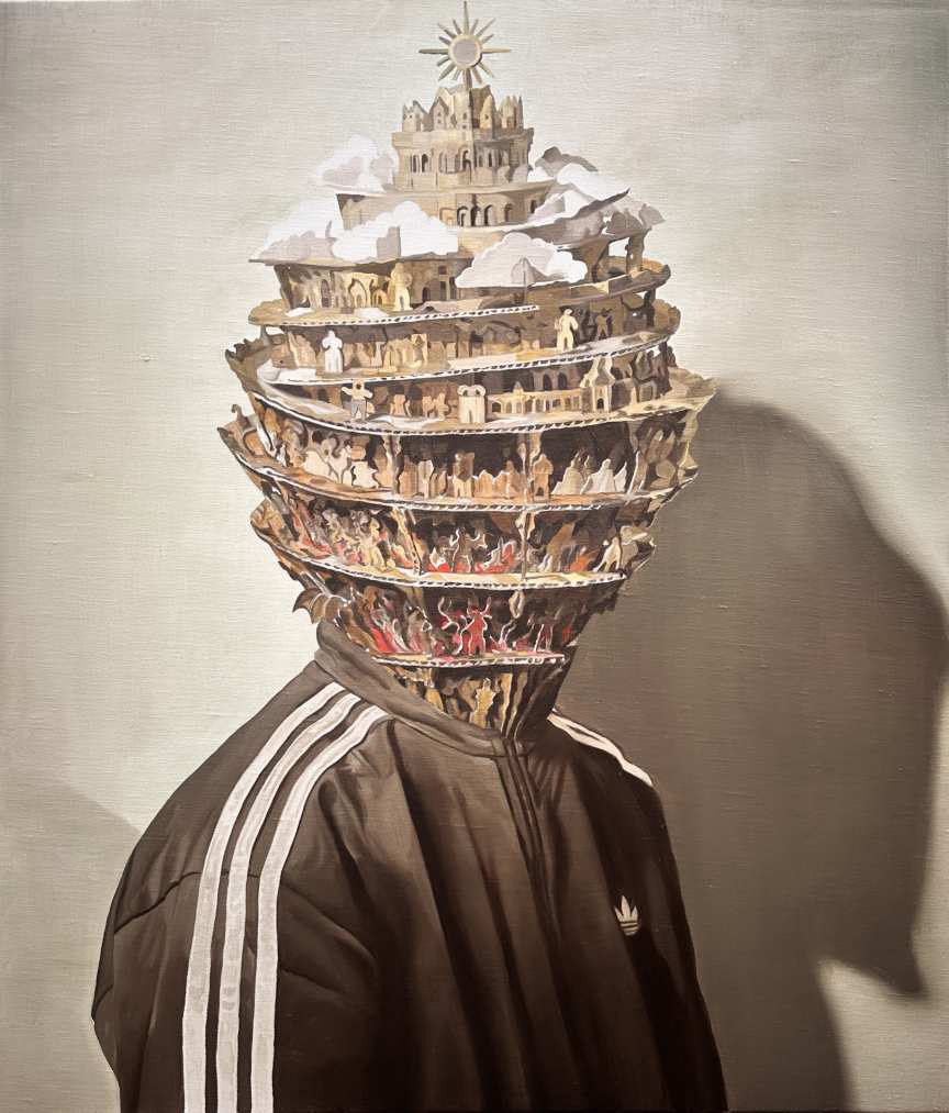 lo corpo dentro al quale io facea ombra. Painting of a figure in a striped track jacket wearing a tiered cardboard mask of Dante’s universe.