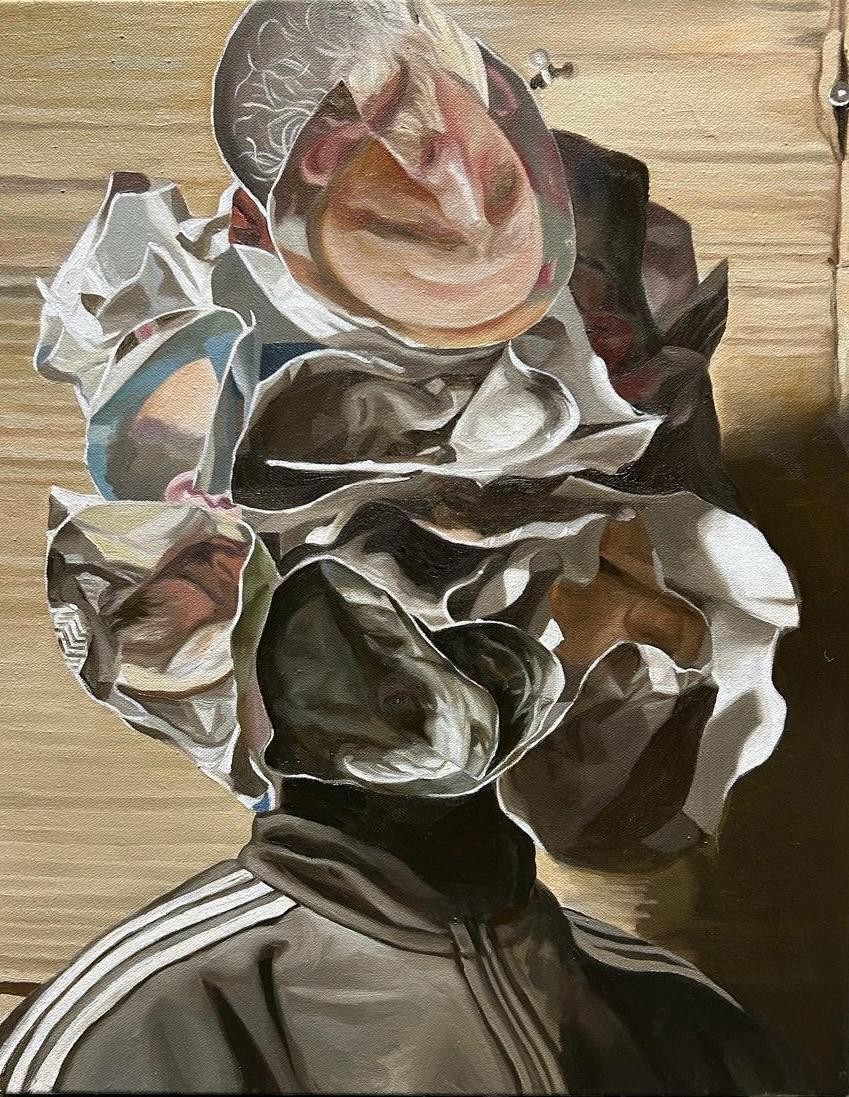 Flowering in Borrowed Time: painting of a masked head among flowers.