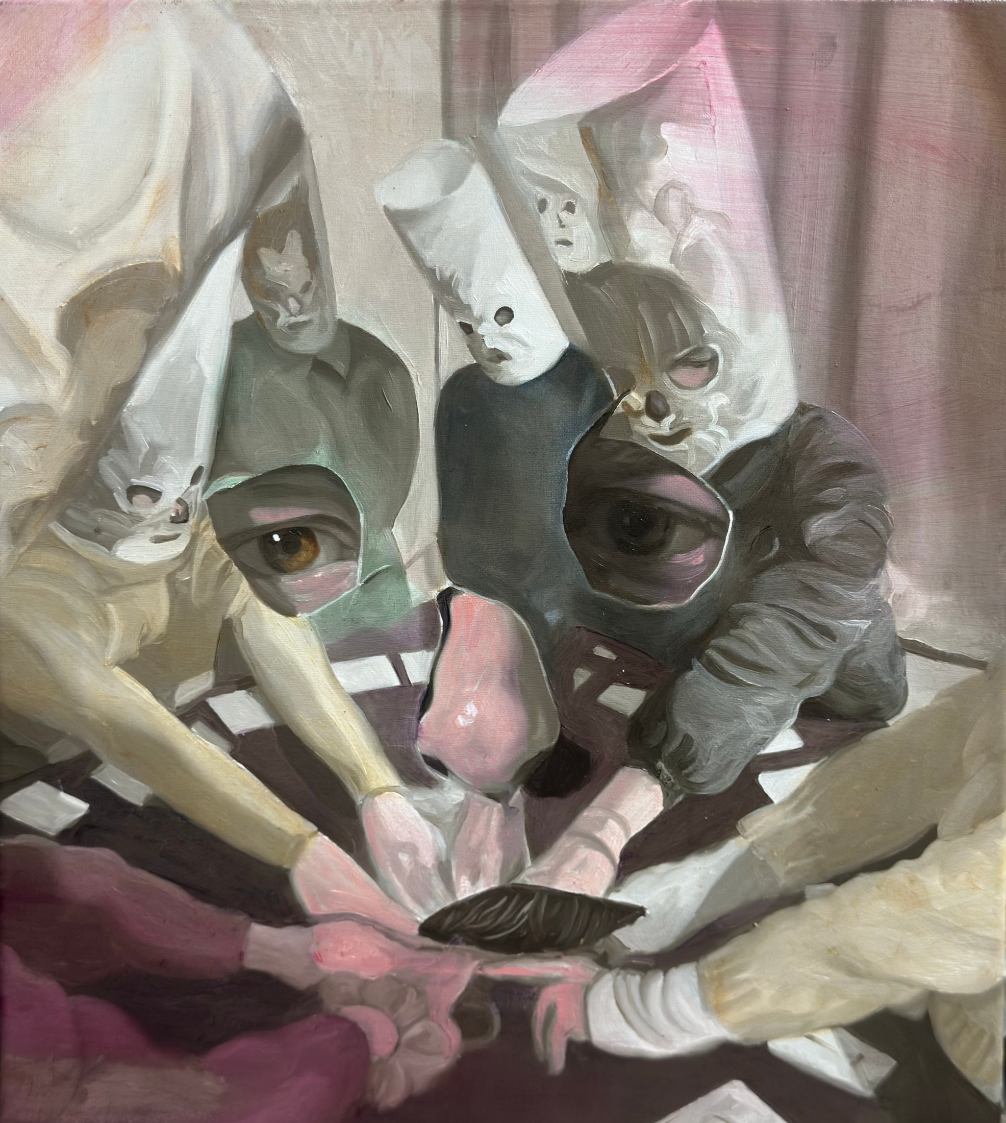 The Other Darkness is Easy: painting of masked figures in tall paper hoods gathered in a circle, hands meeting at the centre.